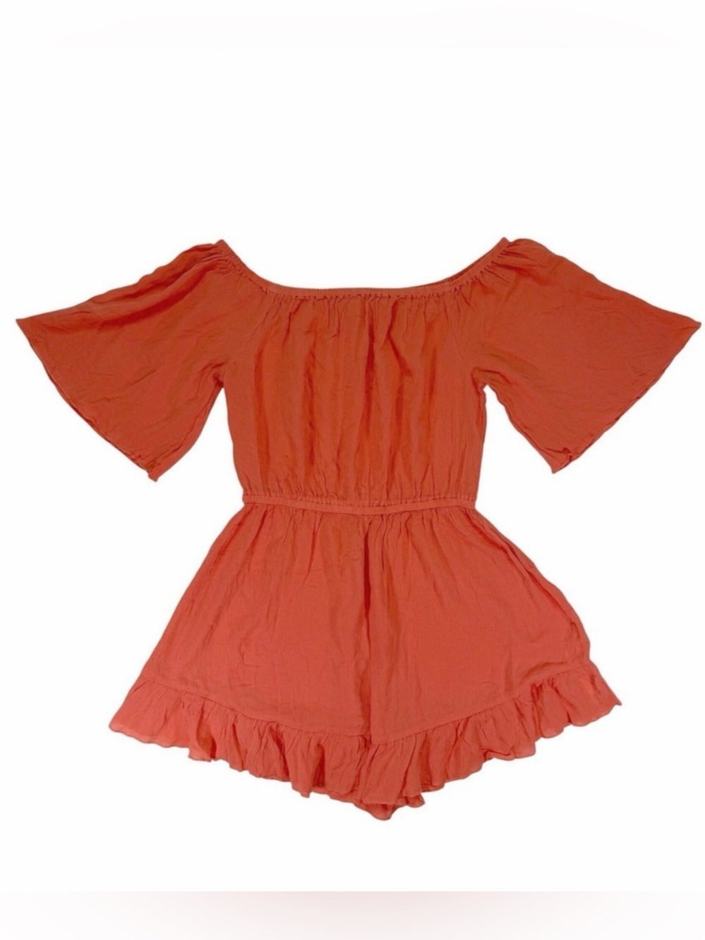 VENUS Off Shoulder Romper Size Small Coral Orange Ruffle Hem Boho Viscose